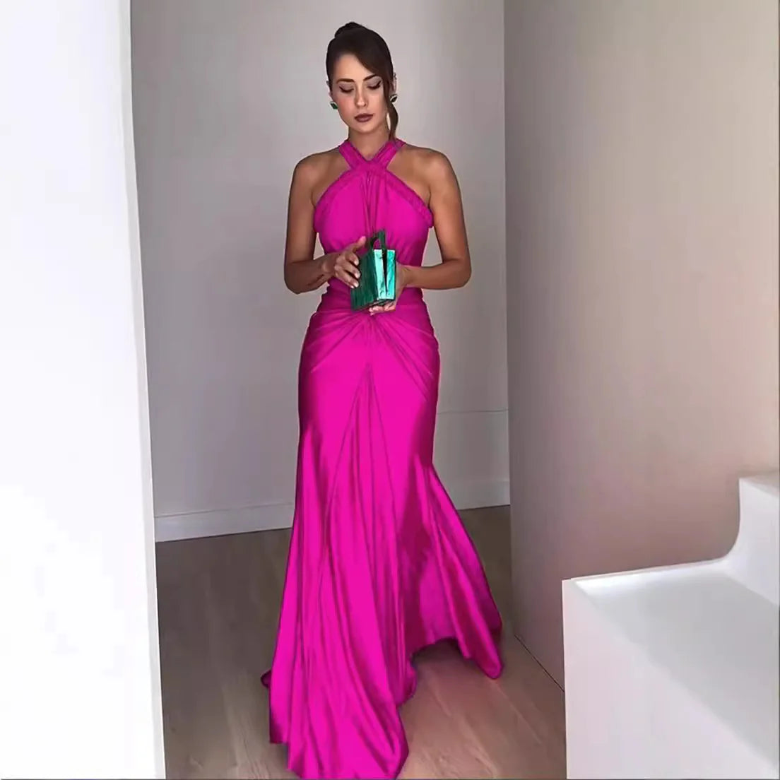 Glam Mermaid Halter Twist Prom Dress Satin Fuchsia Long Party Dress In Store