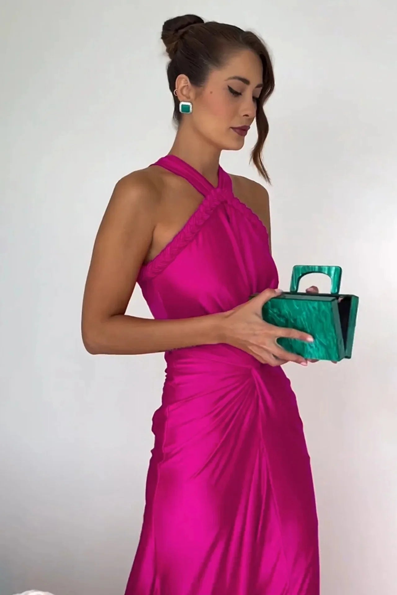 Glam Mermaid Halter Twist Prom Dress Satin Fuchsia Long Party Dress In Store