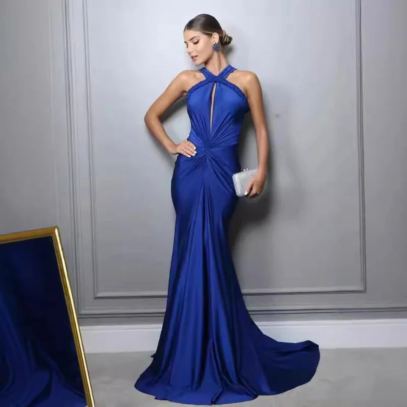 Glam Mermaid Halter Twist Prom Dress Satin Fuchsia Long Party Dress In Store