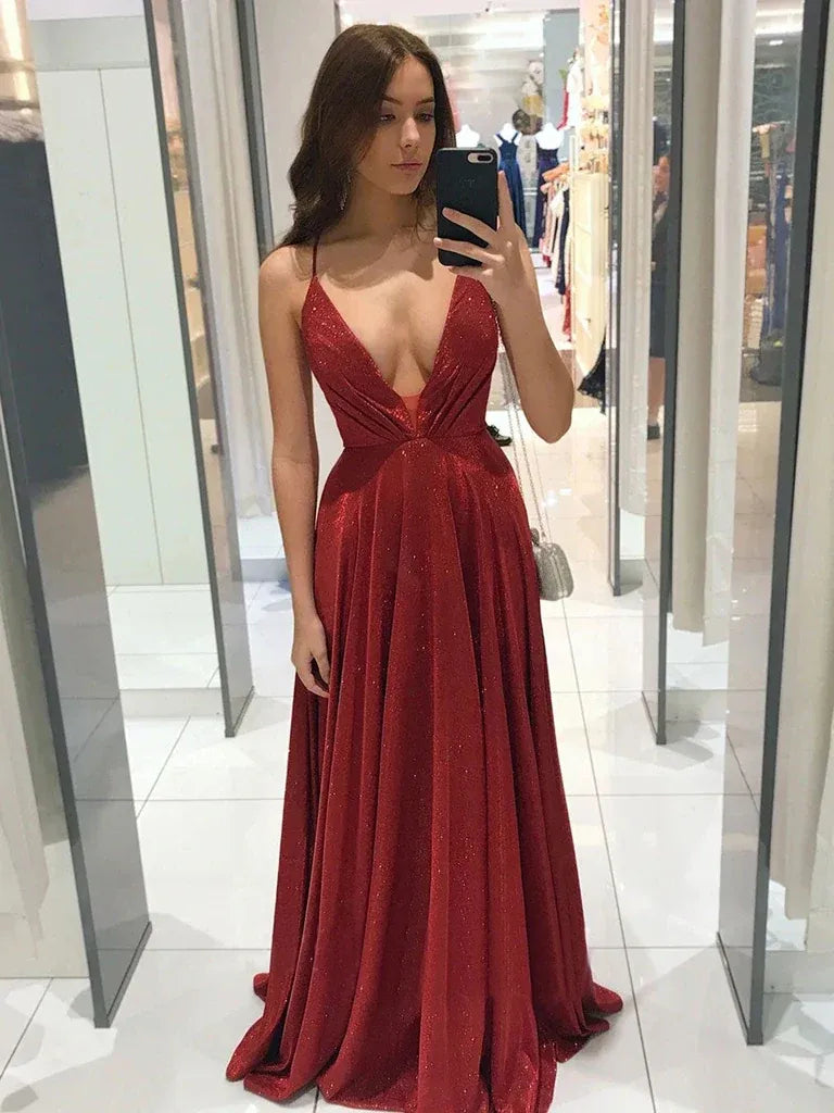 Glamorous A-Line Deep V-Neck Spaghetti Strap Glitter Satin Maxi Prom Dress