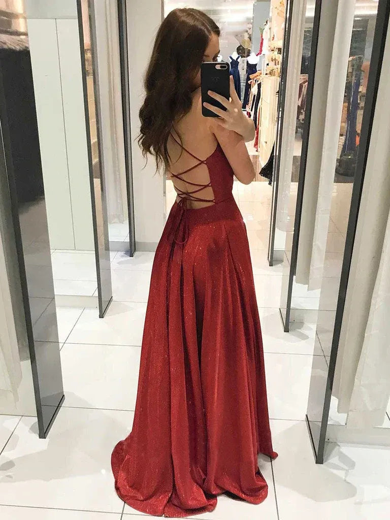 Glamorous A-Line Deep V-Neck Spaghetti Strap Glitter Satin Maxi Prom Dress