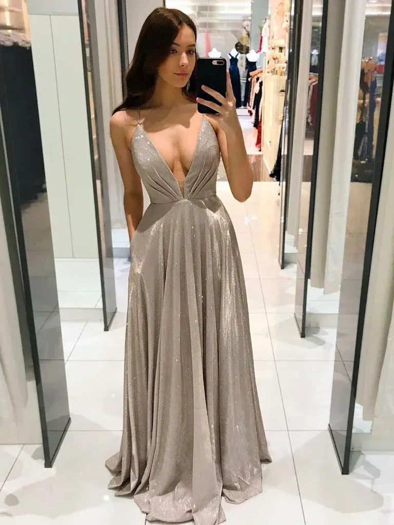Glamorous A-Line Deep V-Neck Spaghetti Strap Glitter Satin Maxi Prom Dress