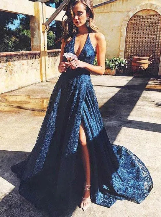 Glamorous A-Line Halter Neck Lace Split Prom Dress