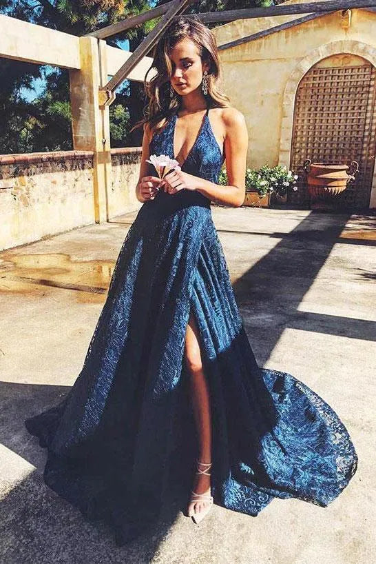 Glamorous A-Line Halter Neck Lace Split Prom Dress