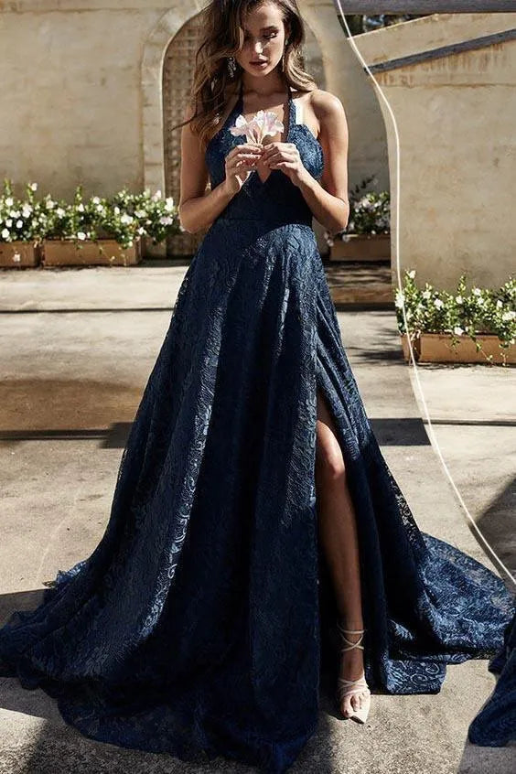 Glamorous A-Line Halter Neck Lace Split Prom Dress