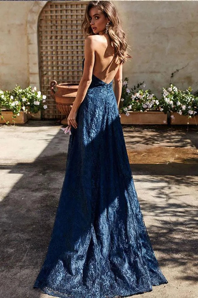 Glamorous A-Line Halter Neck Lace Split Prom Dress