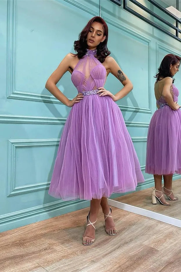 Glamorous A-Line Halter Neck Sheer Beaded Tulle Cocktail Midi Dress