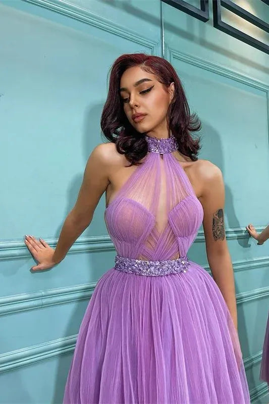 Glamorous A-Line Halter Neck Sheer Beaded Tulle Cocktail Midi Dress