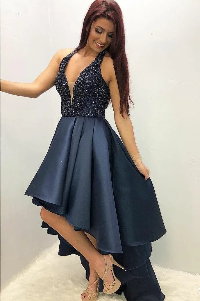 Glamorous A-Line Halter Neck Sleeveless Beaded Satin High Low Prom Dress