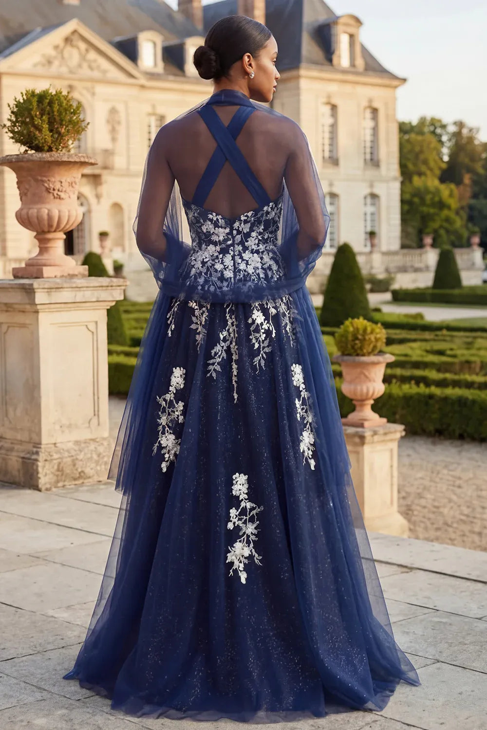 Glamorous A-Line Halter Sheer Sleeve Floral Tulle Maxi Evening Dress