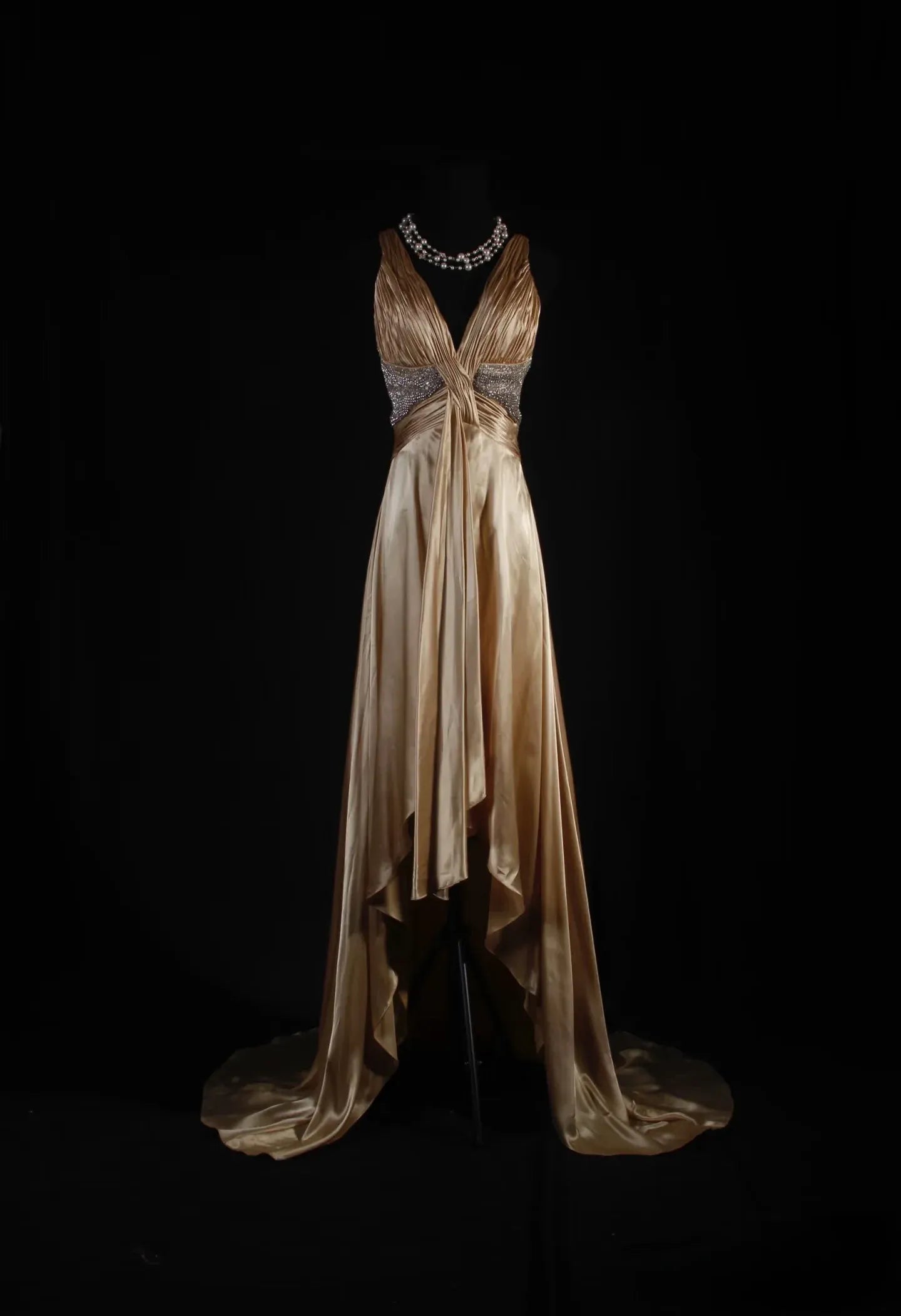 Glamorous A-Line Halter V-Neck Beaded High-Low Satin Floor-Length Evening Gown