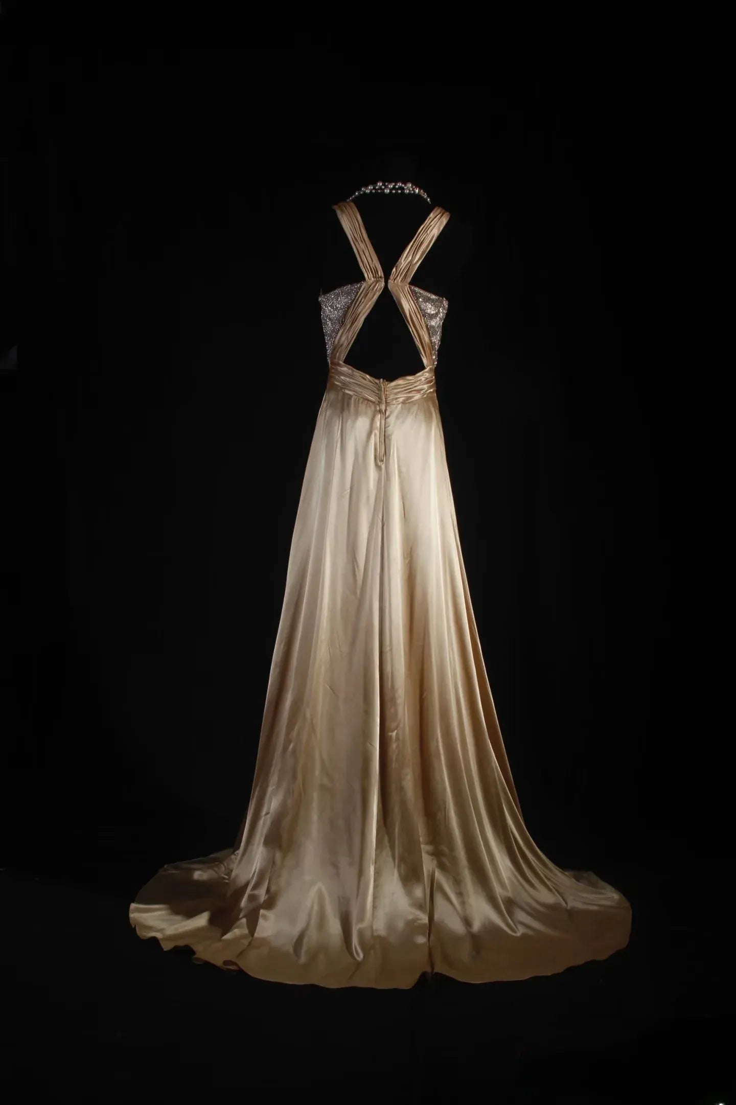 Glamorous A-Line Halter V-Neck Beaded High-Low Satin Floor-Length Evening Gown