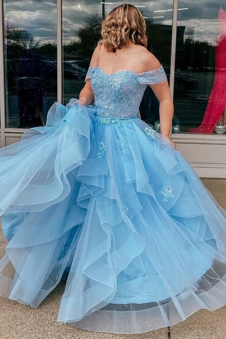 Glamorous A-Line Off Shoulder Short Sleeve Tulle Maxi Prom Dress