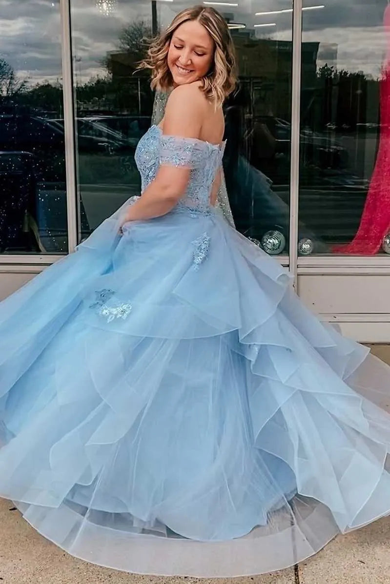 Glamorous A-Line Off Shoulder Short Sleeve Tulle Maxi Prom Dress