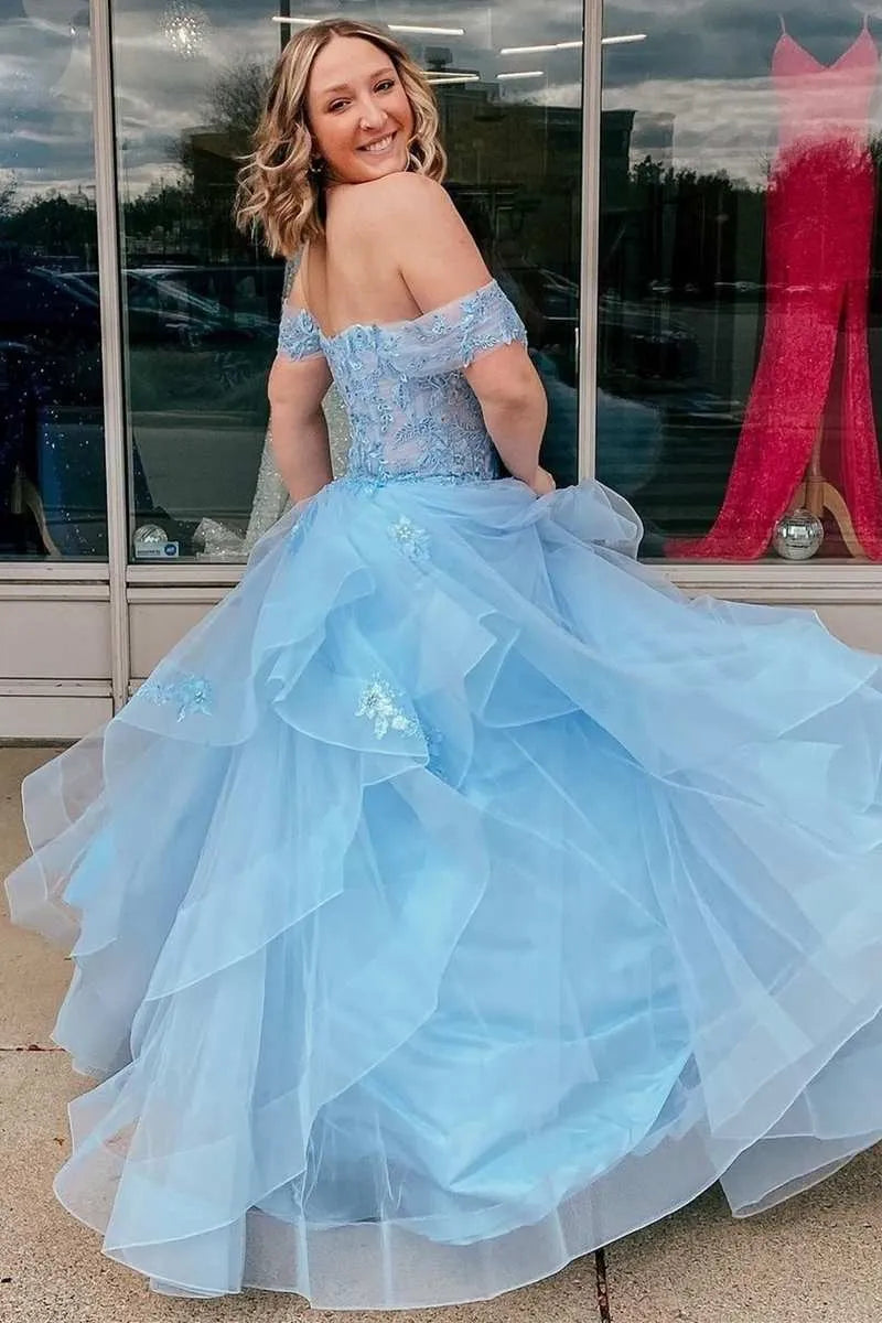 Glamorous A-Line Off Shoulder Short Sleeve Tulle Maxi Prom Dress