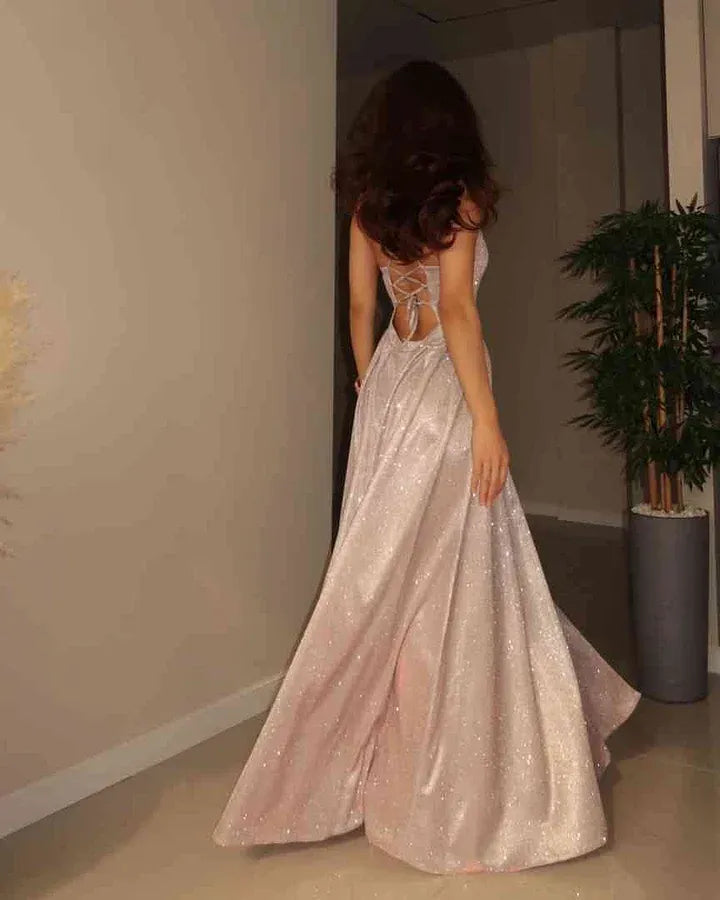 Glamorous A-Line Spaghetti-Strap Sleeveless Lace-Up-Back Sequin Slit Maxi Evening Dress