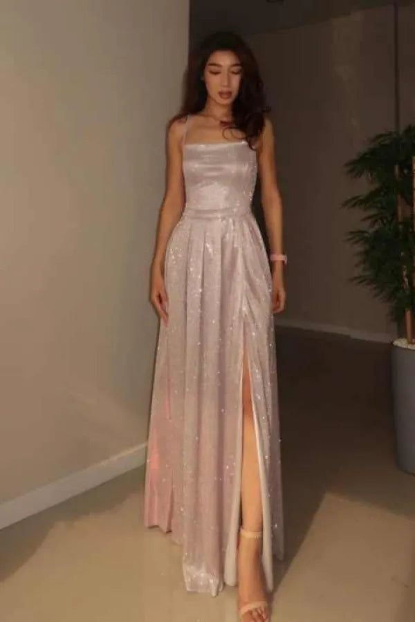 Glamorous A-Line Spaghetti-Strap Sleeveless Lace-Up-Back Sequin Slit Maxi Evening Dress