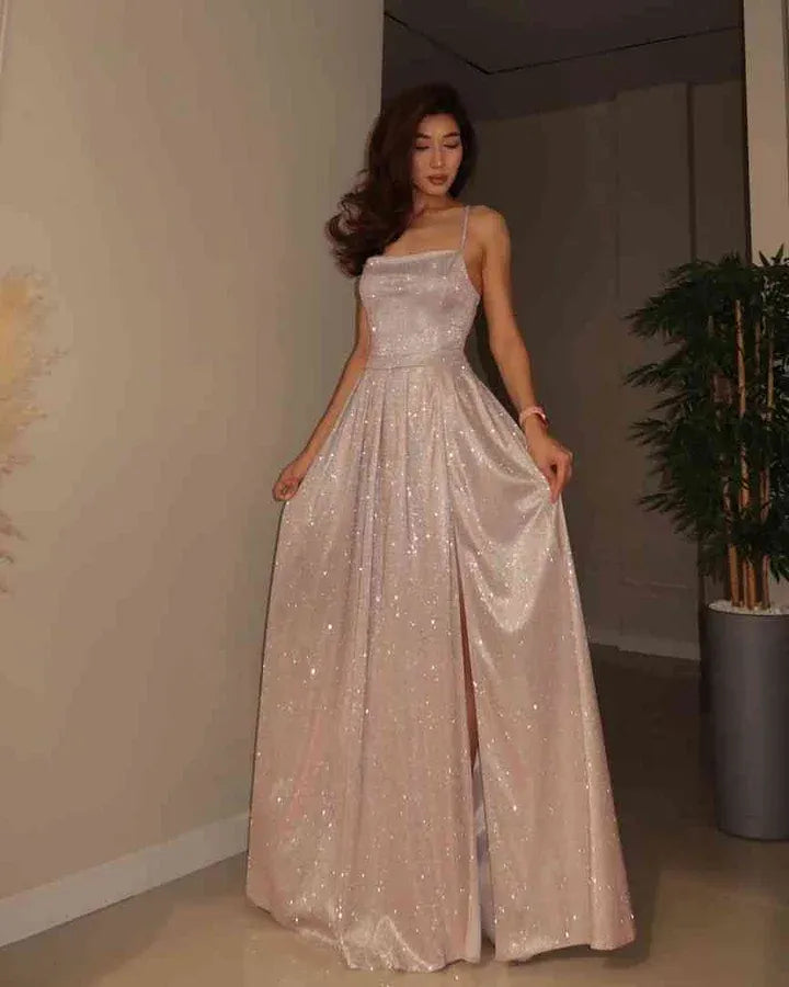 Glamorous A-Line Spaghetti-Strap Sleeveless Lace-Up-Back Sequin Slit Maxi Evening Dress