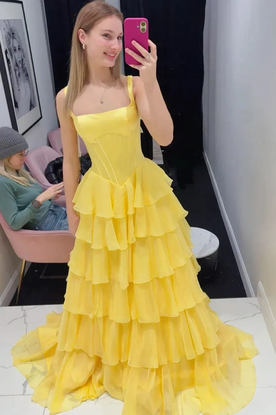 Glamorous A-Line Square Neck Corset Tiered Ruffle Prom Dress With High Slit
