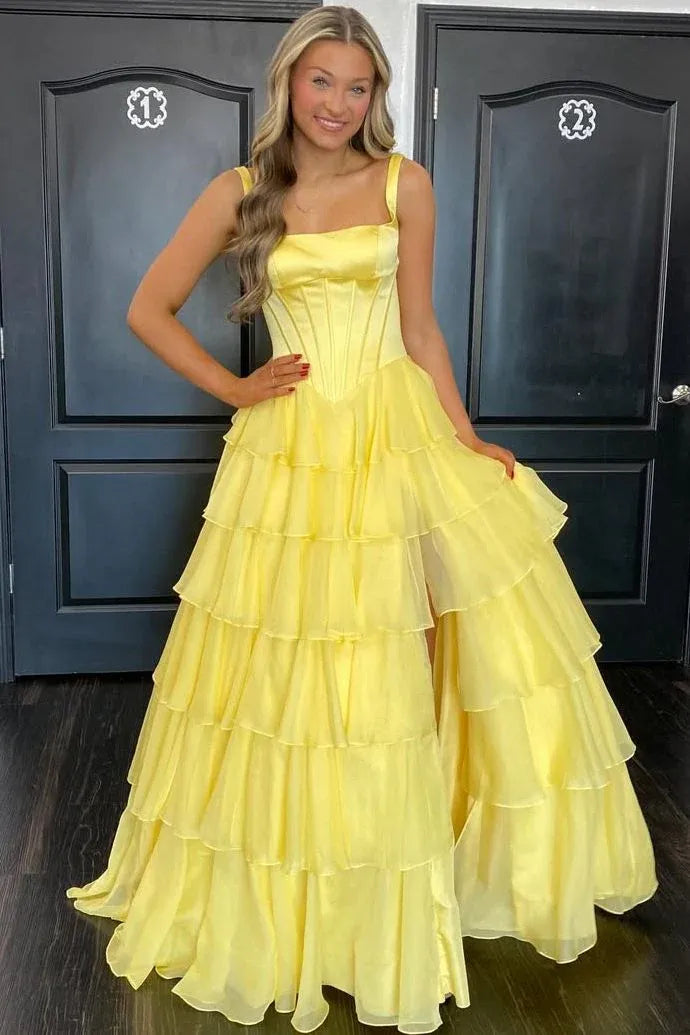 Glamorous A-Line Square Neck Corset Tiered Ruffle Prom Dress With High Slit