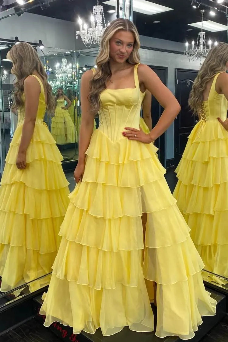 Glamorous A-Line Square Neck Corset Tiered Ruffle Prom Dress With High Slit