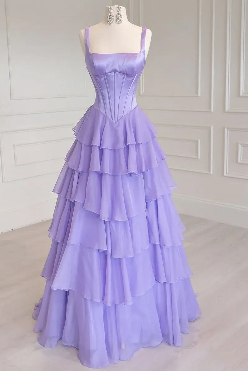 Glamorous A-Line Square Neck Corset Tiered Ruffle Prom Dress With High Slit