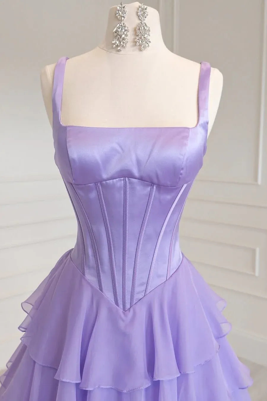 Glamorous A-Line Square Neck Corset Tiered Ruffle Prom Dress With High Slit