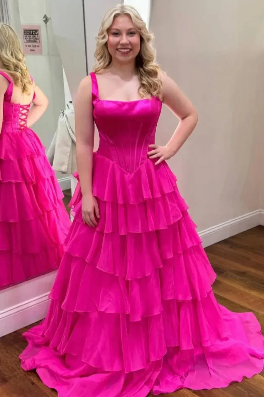 Glamorous A-Line Square Neck Corset Tiered Ruffle Prom Dress With High Slit