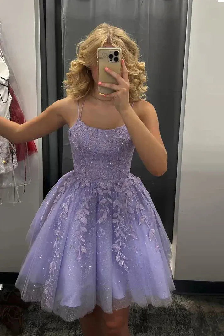 Glamorous A-Line Square Neck Sleeveless Tulle Mini Homecoming Dress
