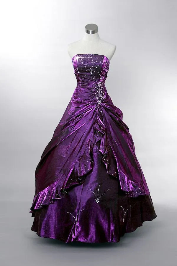 Glamorous A-Line Strapless Ruched Beaded Floor Length Satin Ball Gown