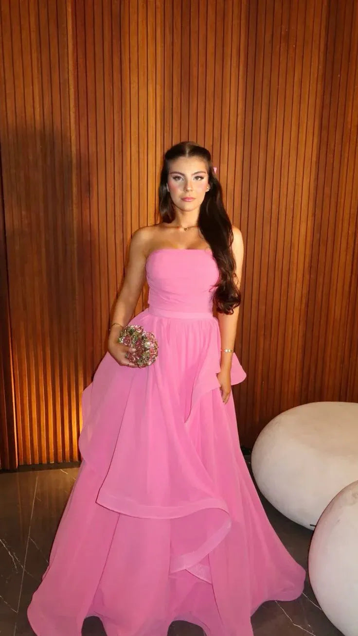 Glamorous A-Line Strapless Sleeveless Chiffon Maxi Prom Dress