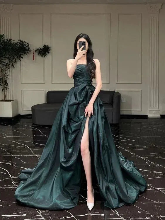 Glamorous A-Line Strapless Sleeveless Satin Maxi Prom Dress