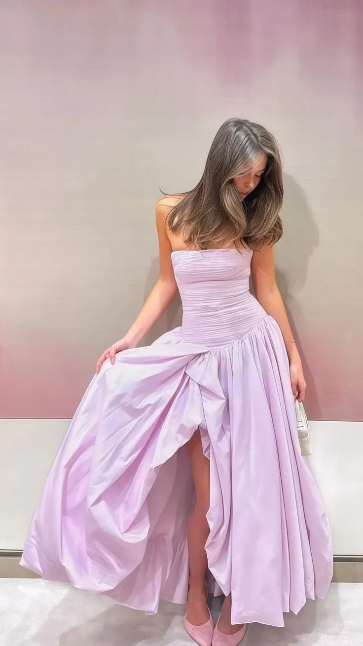 Glamorous A-Line Strapless Sleeveless Satin Maxi Prom Dress