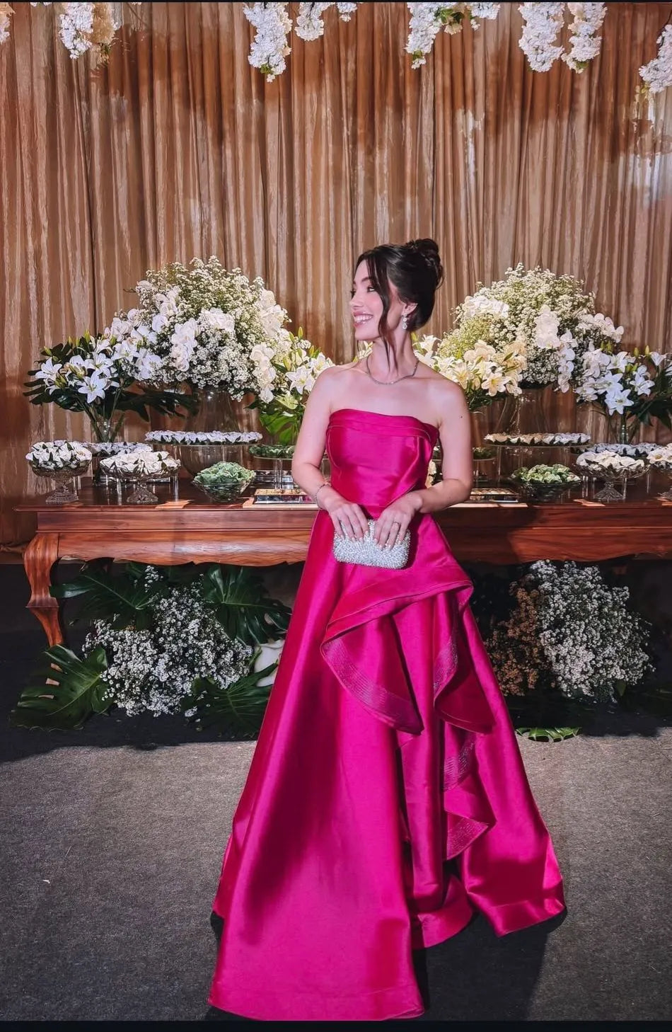 Glamorous A-Line Strapless Sleeveless Satin Ruffles Floor-Length Evening Gown