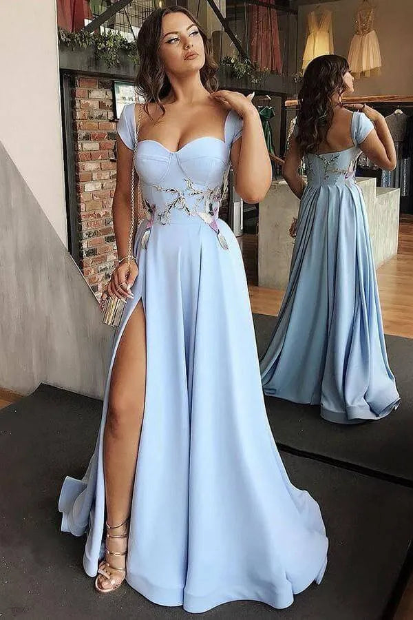 Glamorous A-Line Sweetheart Neck Short Sleeve Satin Maxi Prom Dress