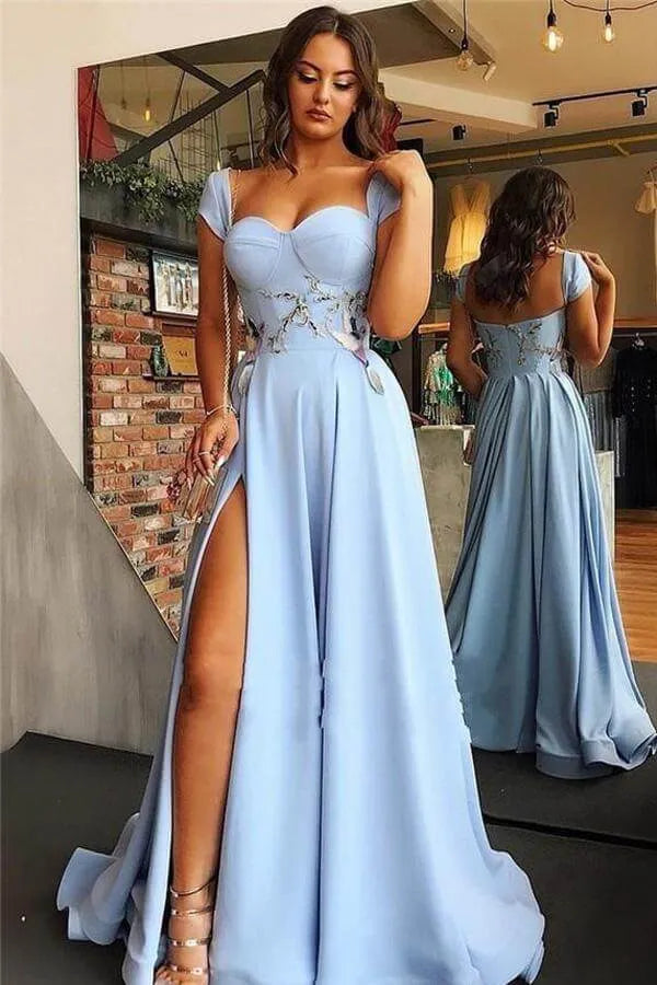 Glamorous A-Line Sweetheart Neck Short Sleeve Satin Maxi Prom Dress