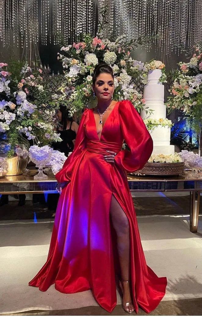 Glamorous A-Line V Neck Long Puff Sleeve Satin Maxi Formal Dress