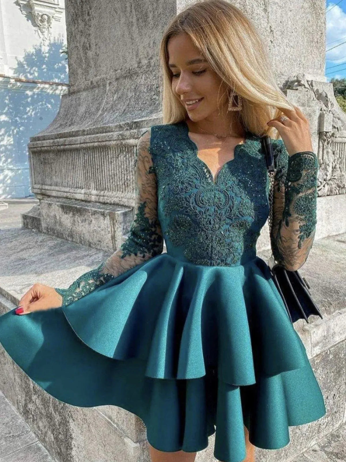 Glamorous A-Line V Neck Long Sleeve Lace Beaded Satin Ruffle Mini Homecoming Dress