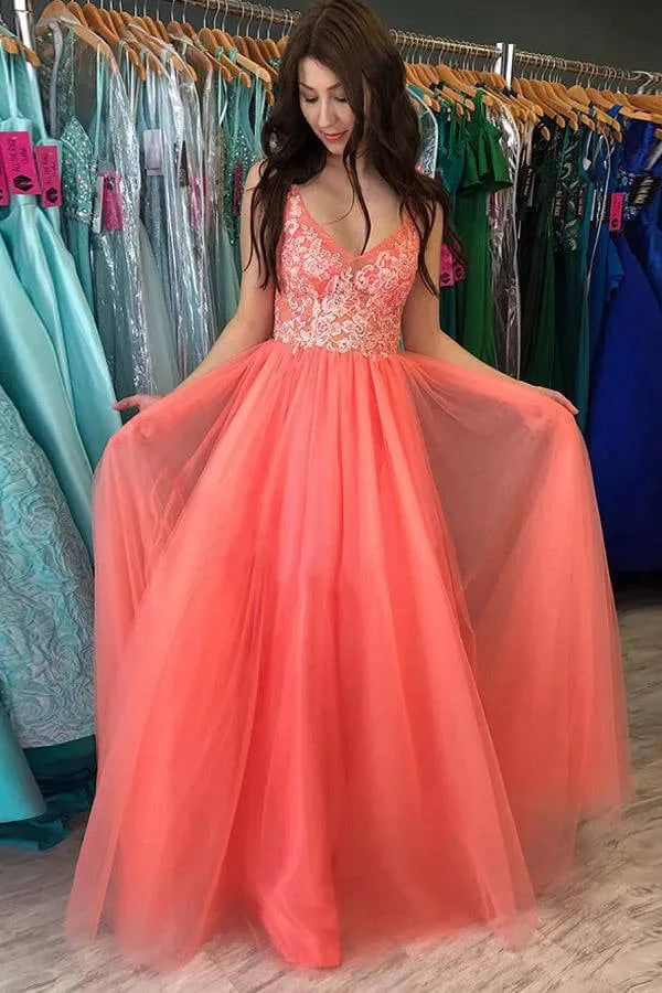Glamorous A-Line V Neck Sleeveless Tulle Maxi Prom Dress