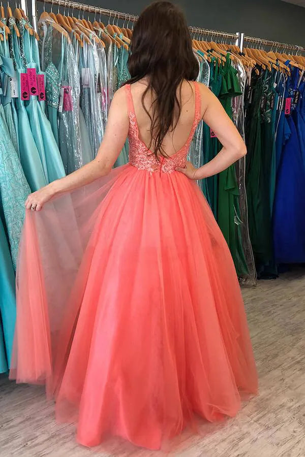 Glamorous A-Line V Neck Sleeveless Tulle Maxi Prom Dress