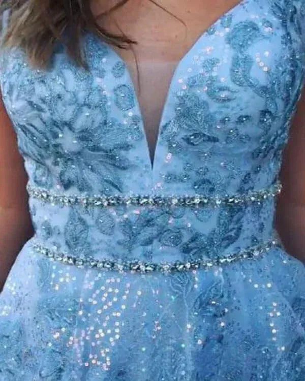 Glamorous A-Line V Neck Sleeveless Tulle Maxi Prom Dress