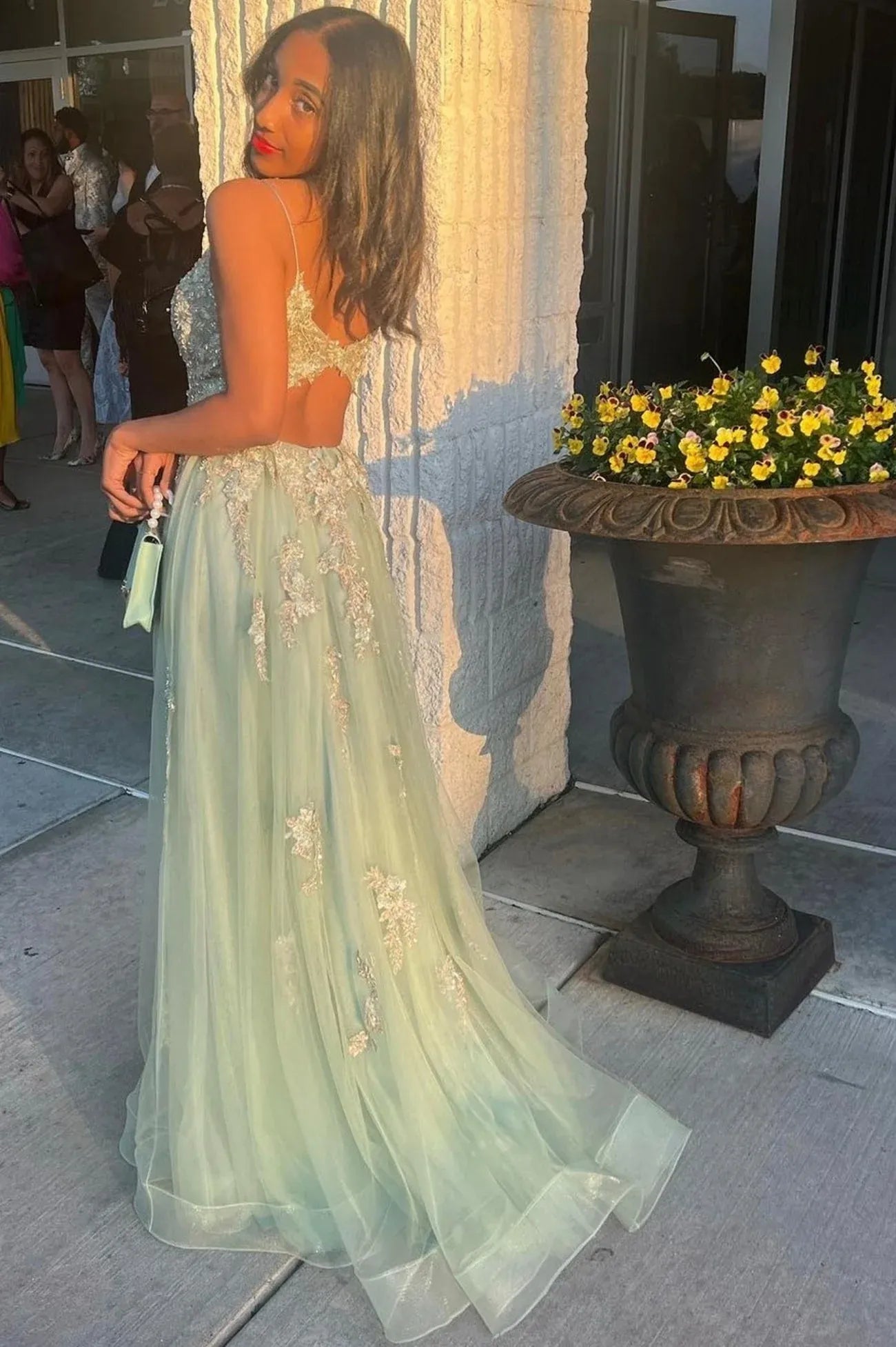 Glamorous A-Line V Neck Sleeveless Tulle Maxi Prom Dress
