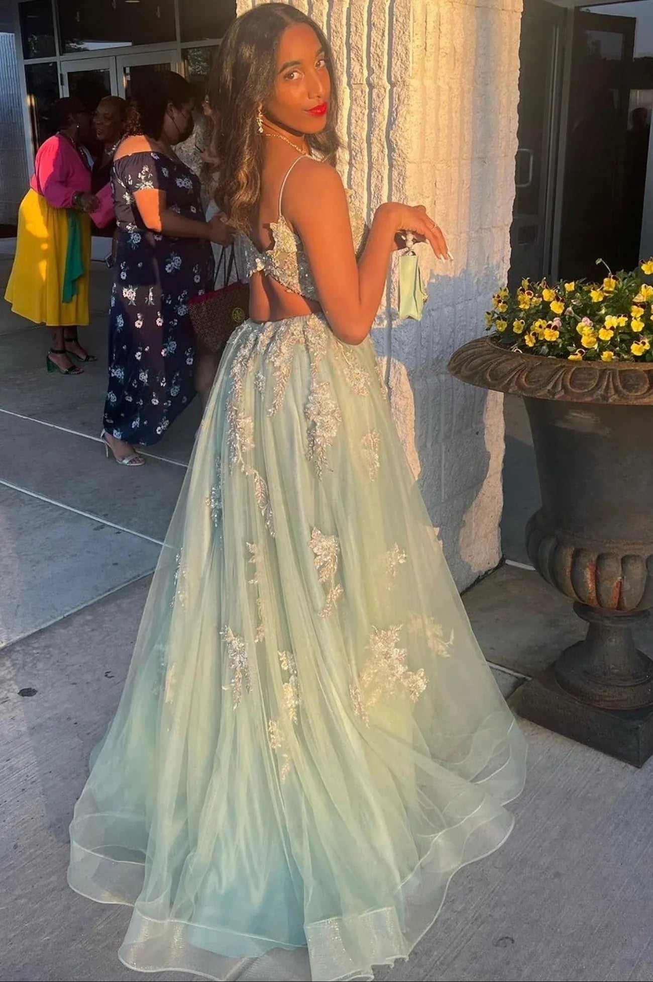 Glamorous A-Line V Neck Sleeveless Tulle Maxi Prom Dress