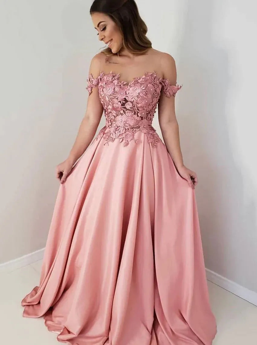 Glamorous Ball Gown Off Shoulder 3D Floral Lace Satin Maxi Prom Dress