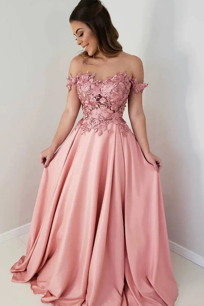 Glamorous Ball Gown Off Shoulder 3D Floral Lace Satin Maxi Prom Dress