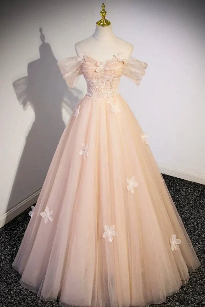 Glamorous Ball Gown Off-The-Shoulder Puff Sleeve Lace-Up Corset 3D Floral Tulle Evening Dress