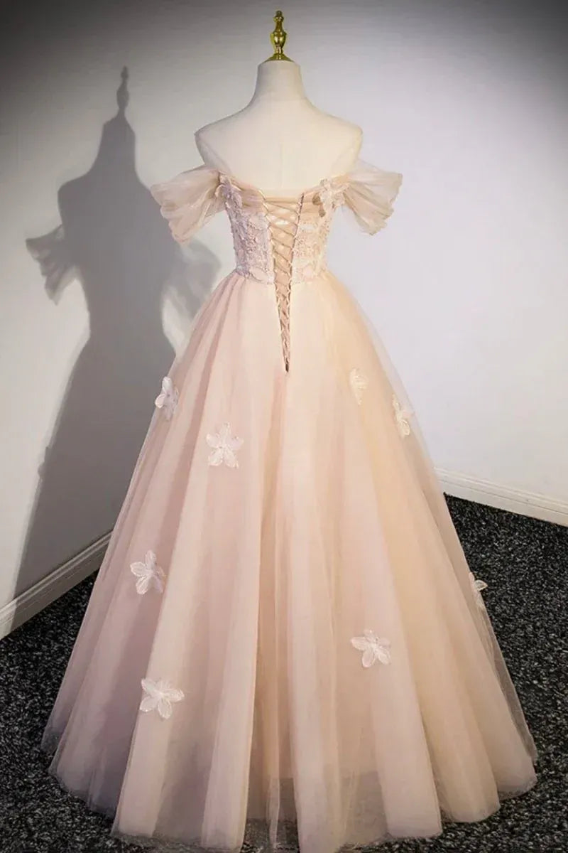 Glamorous Ball Gown Off-The-Shoulder Puff Sleeve Lace-Up Corset 3D Floral Tulle Evening Dress