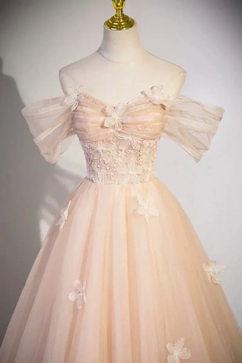 Glamorous Ball Gown Off-The-Shoulder Puff Sleeve Lace-Up Corset 3D Floral Tulle Evening Dress