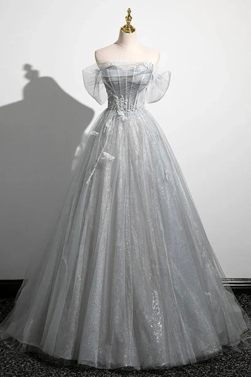 Glamorous Ball Gown Off-The-Shoulder Puff Sleeve Lace-Up Corset Glitter Tulle Evening Dress With Train