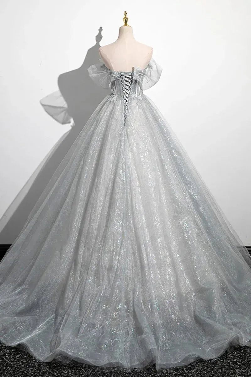 Glamorous Ball Gown Off-The-Shoulder Puff Sleeve Lace-Up Corset Glitter Tulle Evening Dress With Train
